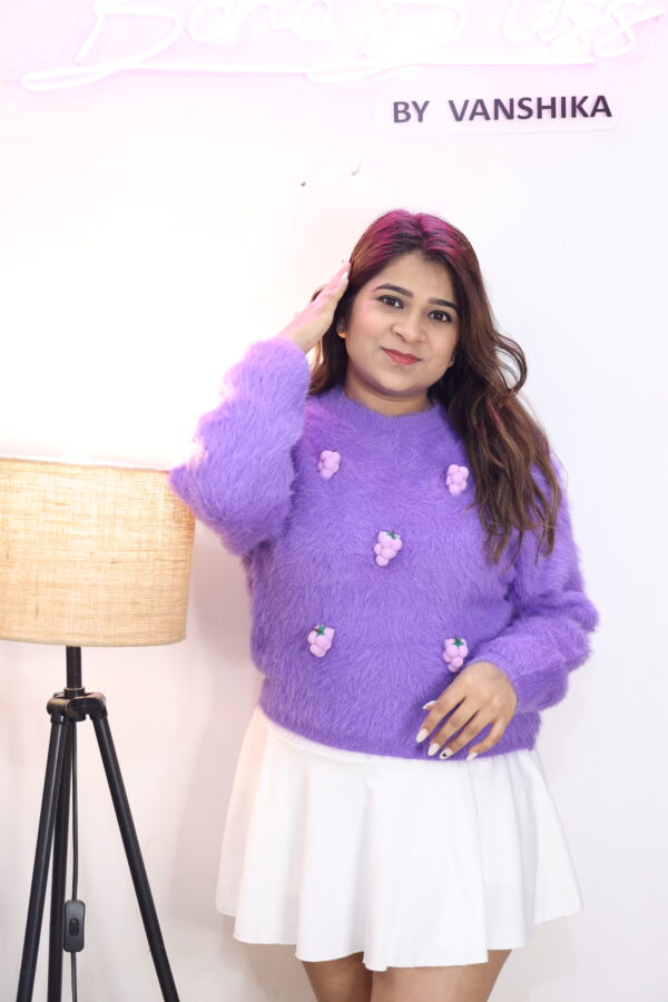 Fuzzy Grape-Embellished Sweater